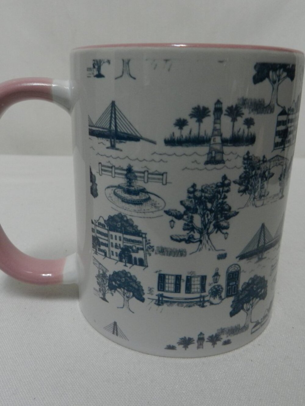 Charleston, SC South Carolina Toile ceramic mug cup blue pink white 12 oz - Picture 3 of 8